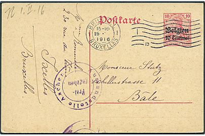 Tysk post i Belgien. 10 Cts./10 pfg. Belgien provisorisk helsagsbrevkort fra Brüssel d. 25.1.1916 til Basel, Schweiz. Passér stemplet ved den tyske censur i Aachen.