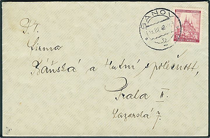 Böhmen-Mähren. 1 k. single på brev fra Banov d. 14.3.1940 til Prag.