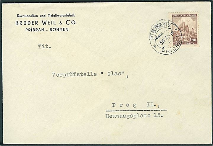 Böhmen-Mähren. 1,20 k. på brev fra Pribram d. 5.9.1941 til Prag.