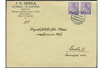 Böhmen-Mähren. 60 h. i parstykke på brev fra Svaty Kopecek d. 24.9.1941 til Prag.