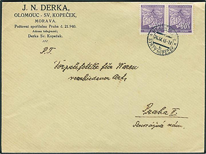 Böhmen-Mähren. 60 h. i parstykke på brev fra Svaty Kopecek d. 24.9.1941 til Prag.