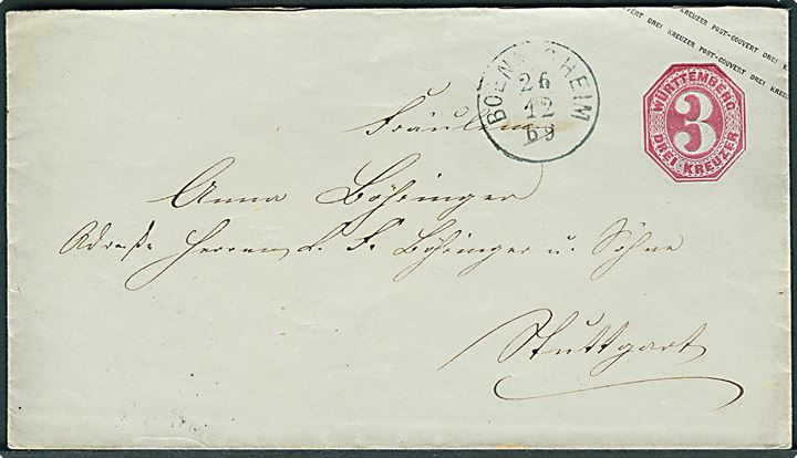 3 kr. helsagskuvert fra Boen..heim d. 26.12.1869 til Stuttgart.