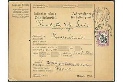 5 mk. Løve på adressekort for pakke fra Wasa d. 3.11.1930 til Rovaniemi.
