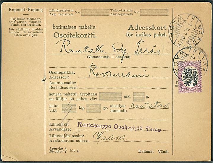 5 mk. Løve på adressekort for pakke fra Wasa d. 3.11.1930 til Rovaniemi.