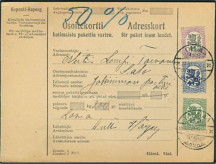 50 pen., 2 mk. og 5 mk. Løve på adressekort for pakke fra Loimaa d. 22.11.1927 til Salo.