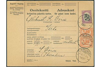 1 mk. (par) og 5 mk. Løve på adressekort for pakke fra Ikaalinen d. 23.11.1927 til Salo
