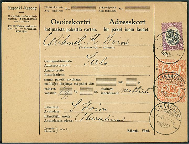 1 mk. (par) og 5 mk. Løve på adressekort for pakke fra Ikaalinen d. 23.11.1927 til Salo