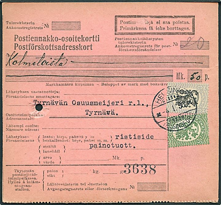 50 pen. og 3 mk. Løve på postopkrævnings-adressekort fra Helsingfors d. 4.1.1930 til Tyrnävä.
