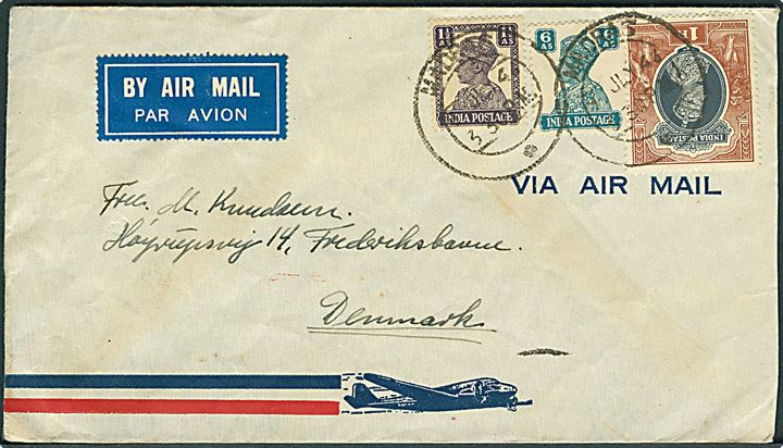 1½ As., 6 As. og 1 R. George VI på luftpostbrev fra Madras d. 9.7.1946 til Frederikshavn, Danmark. Fra sømand ombord på M/S Chastine Mærsk.