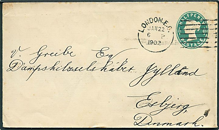 ½d Victoria helsags-tryksagskuvert fra London d. 22.1.1902 til Esbjerg, Danmark.