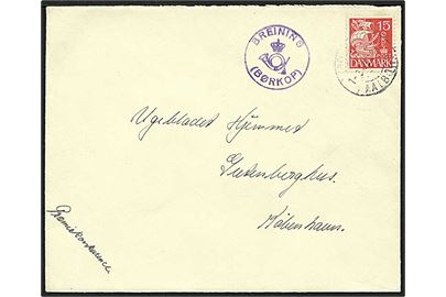 15 øre Karavel på brev annulleret med bureaustempel Fredericia / Aalborg 1943 med posthornstempel BREINING (BØRKOP) til København.