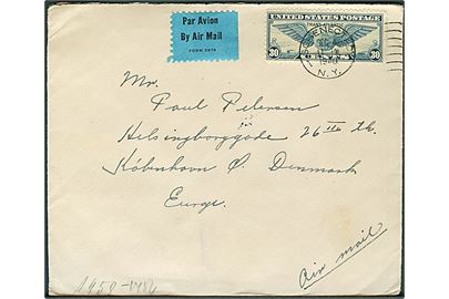 30 cents Winged Globe på luftpostbrev fra Schenectady d. 4.12.1940 til København, Danmark. Åbnet af tysk censur.