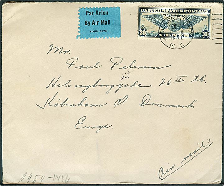30 cents Winged Globe på luftpostbrev fra Schenectady d. 4.12.1940 til København, Danmark. Åbnet af tysk censur.