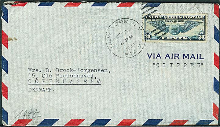 30 cents Winged Globe på luftpostbrev fra New York d. 25.11.1940 til København, Danmark. Åbnet af tysk censur i Frankfurt.