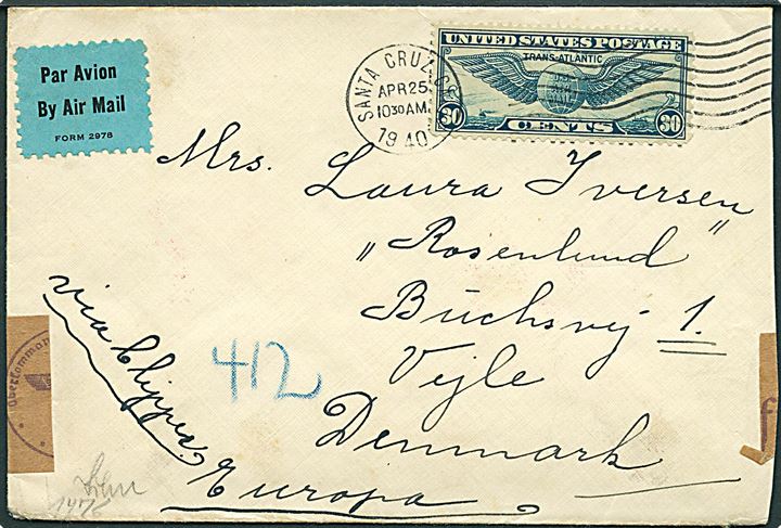 30 cents Winged Globe på luftpostbrev fra Santa Cruz d. 25.4.1940 til Vejle, Danmark. Påskrevet: via Clipper. Åbnet af tysk censur i Berlin.