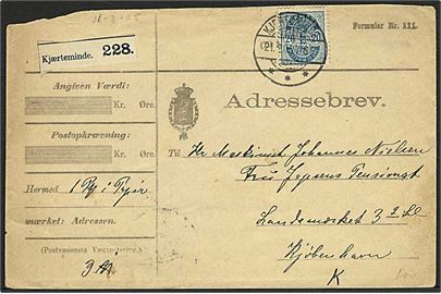 20 øre Våbentype vm III på adressebrev for pakke fra Kerteminde d. 21.2.1905 til København.