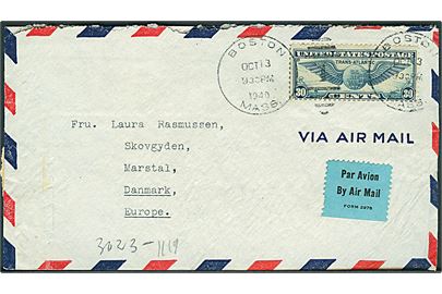 30 cents Winged Globe på luftpostbrev fra Boston d. 13.10.1940 til Marstal, Danmark. Åbnet af tysk censur i Berlin.