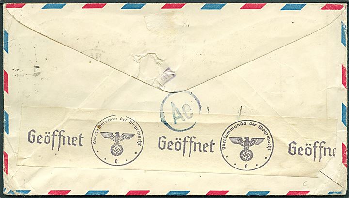 6 cents luftpost helsag opfrankeret med 4 cents og 20 cents fra Fresno d. 2.12.1940 til Frøslev pr. Padborg, Danmark. Åbnet af tysk censur i Frankfurt.