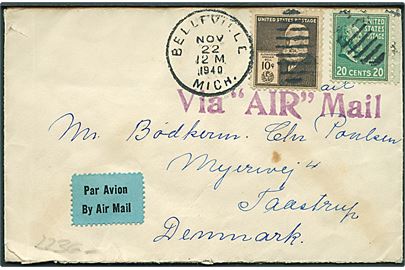 10 cents og 20 cents på luftpostbrev fra Belleville d. 22.11.1940 til Taastrup, Danmark. Åbnet af tysk censur i Frankfurt.