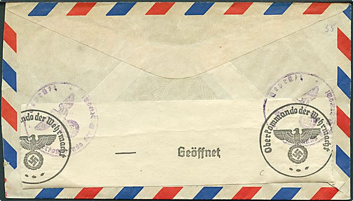 10 cents Tyler og 20 cents Golden Gate på luftpostbrev fra New York d. 31.10.1940 til København, Danmark. Åbnet af tysk censur i Berlin.