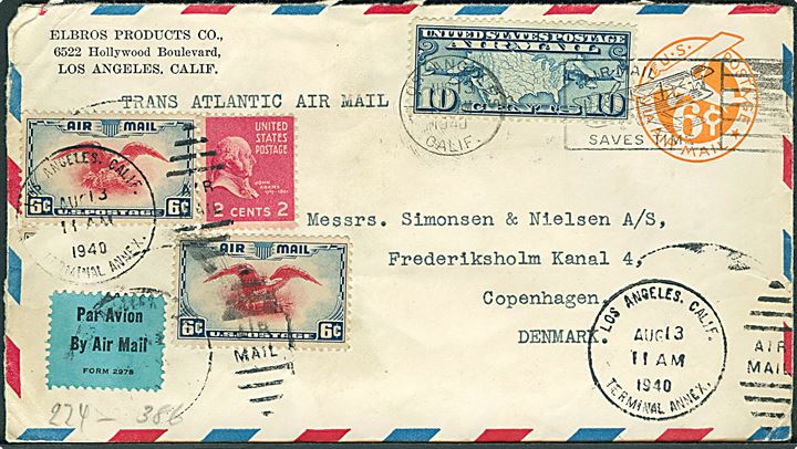 6 cents luftpost helsagskuvert opfrankeret med 24 cents fra Los Angeles d. 13.8.1940 til København, Danmark. Åbnet af tysk censur i Frankfurt.