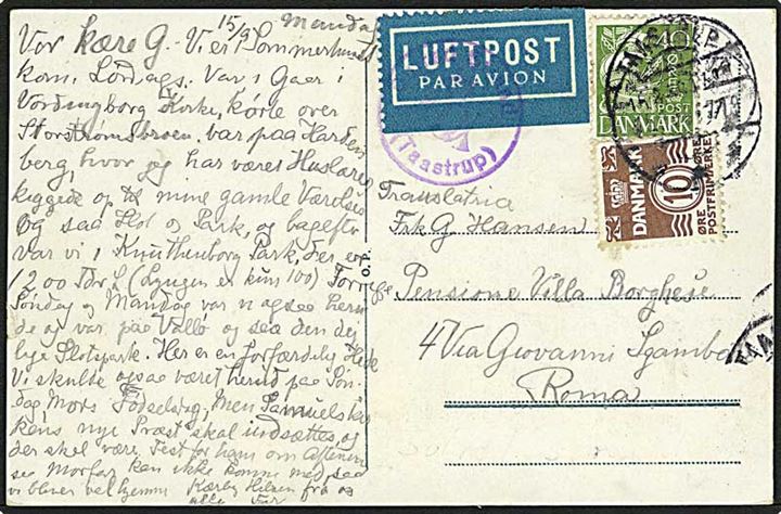 10 øre Bølgelinie og 40 øre Karavel på luftpost-brevkort (Storstrømsbroen) med posthornstempel Solrød Strand (Taastrup) annulleret Taastrup 15.8.1938 til Rom, Italien.