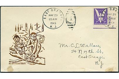 3 cents på illustreret patriotisk kuvert sendt lokalt i East Orange d. 29.5.1945.