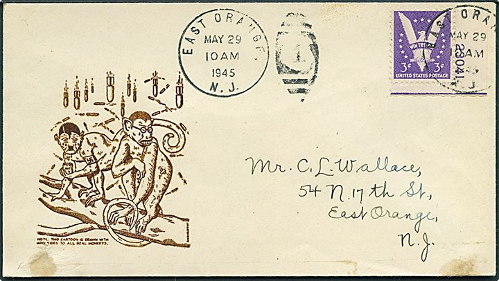 3 cents på illustreret patriotisk kuvert sendt lokalt i East Orange d. 29.5.1945.
