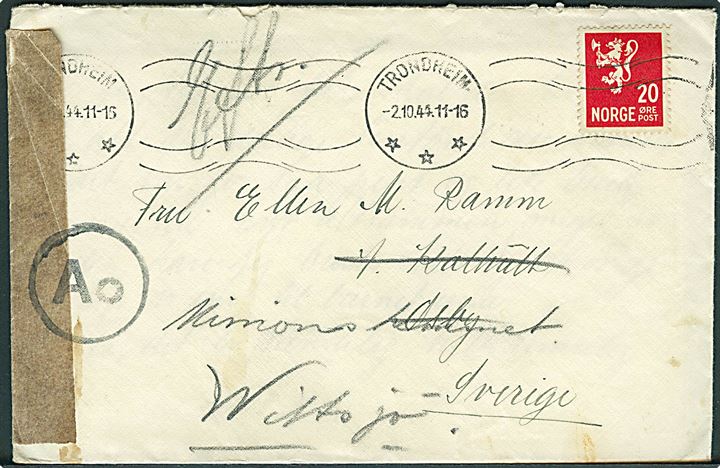 20 øre Løve på brev fra Trondheim d. 2.10.1944 til Osby, Sverige - eftersendt til Wittsjö. Åbnet af tysk censur i Oslo med neutral brun banderole stemplet Ao.