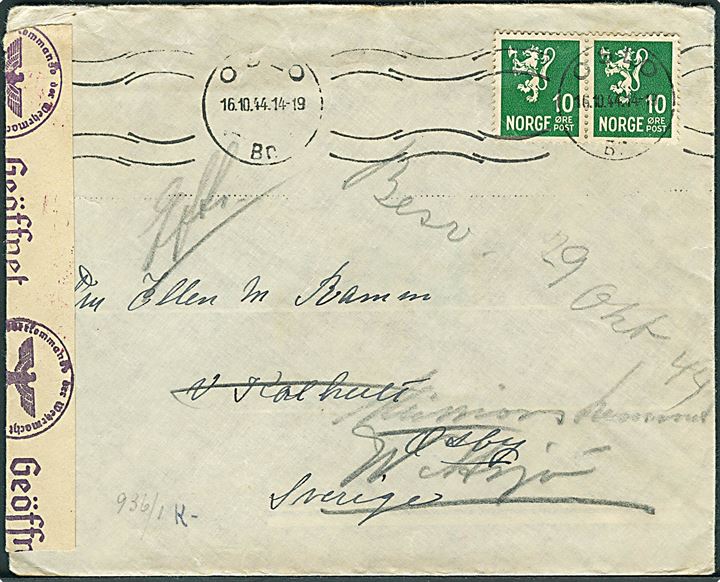 10 øre Løve (2) på brev fra Oslo d. 16.10.1944 til Osby, Sverige. Eftersendt til Vittsjö. Åbnet af tysk censur i Oslo.