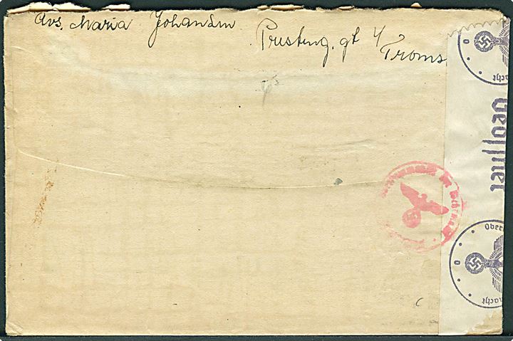 5 øre Posthorn og 10 øre Løve (2) på brev fra Tromsø d. 23.1.1942 til Fredensvang pr. Aarhus, Danmark. Åbnet af tysk censur i Oslo. Mærker med folder.