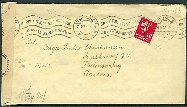 20 øre Løve på brev fra Tromsø d. 21.9.1943 til Fredensvang pr. Aarhus, Danmark. Åbnet af tysk censur i Oslo.