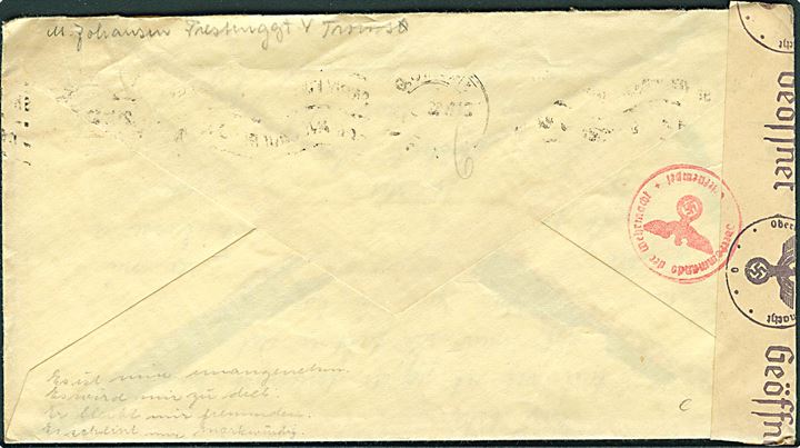 20 øre Løve på brev fra Tromsø d. 21.9.1943 til Fredensvang pr. Aarhus, Danmark. Åbnet af tysk censur i Oslo.