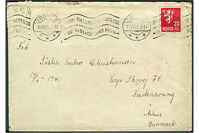 20 øre Løve på brev fra Tromsø d. 14.6.1941 til Fredensvang pr. Århus, Danmark. Åbnet af tysk censur i Oslo og passérstemplet ved den danske censur i København.