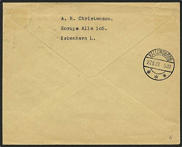 40 øre Karavel single på anbefalet brev fra København K. d. 26.5.1932 til Kalundborg.