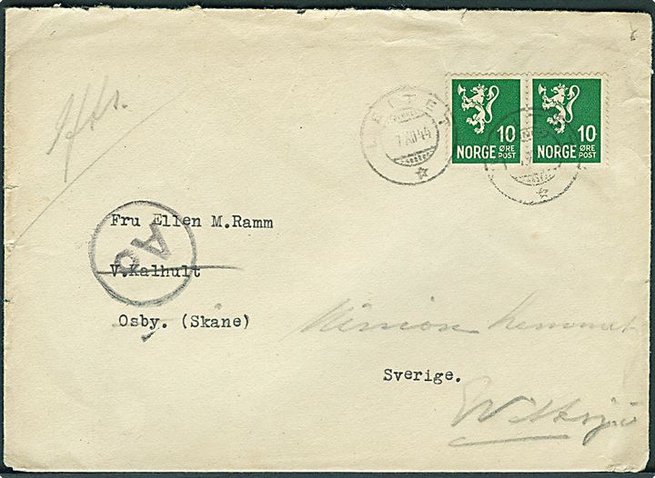 10 øre Løve i partsykke på brev fra Leitet d. 7.12.1944 til Osby, Sverige - eftersendt til Vittsjö. Passér stemplet Ao ved den tyske censur i Oslo.