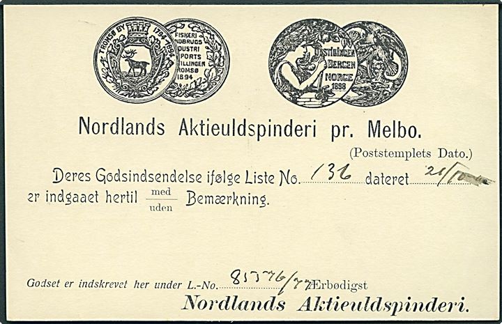 5 øre helsagsbrevkort med firma-tiltryk fra Nordlands Aktieuldspinderi fra Melbu d. 21.10.1911 til Jennestad.