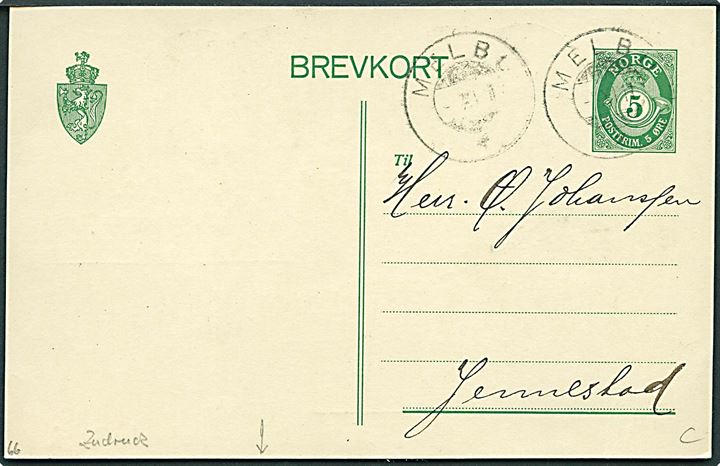5 øre helsagsbrevkort med firma-tiltryk fra Nordlands Aktieuldspinderi fra Melbu d. 21.10.1911 til Jennestad.