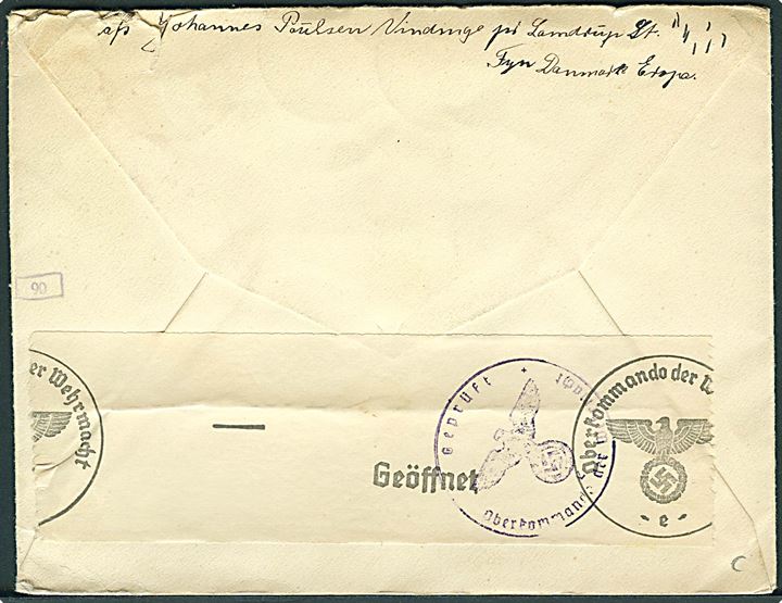5 øre, 10 øre Bølgelinie og 25 øre Karavel (2) på luftpostbrev fra Lamdrup d. 27.12.1940 til Portland, USA. Åbnet af tysk censur i Frankfurt.