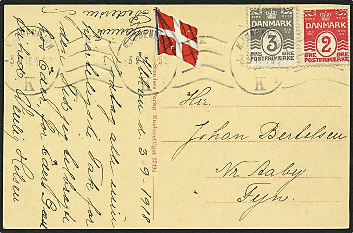 3 øre og 2 øre (vm III) Bølgelinie på brevkort fra Kjøbenhavn d. 3.9.1918 til Nr. Aaby.
