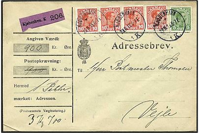 5 øre grøn og 10 øre rød Chr. på adressebrev fra København d. 29.11.1915 til Vejle.
