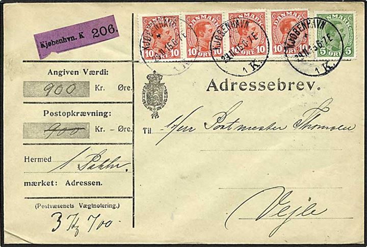 5 øre grøn og 10 øre rød Chr. på adressebrev fra København d. 29.11.1915 til Vejle.