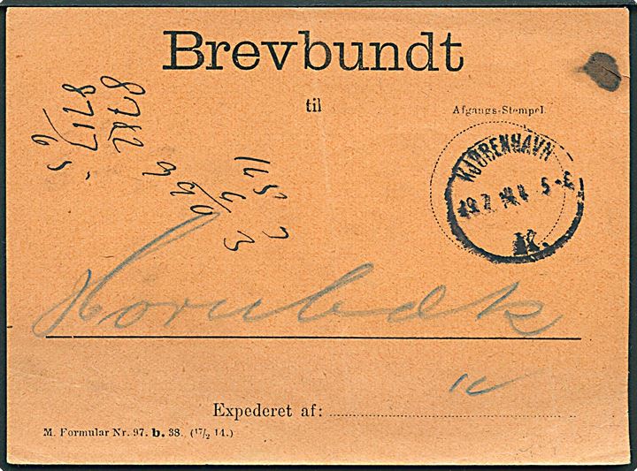 Brevbundt seddel M. Formular Nr. 97 B 38 (17/2 14) stemplet Kjøbenhavn K. d. 19.7.1914 til Hornbæk.