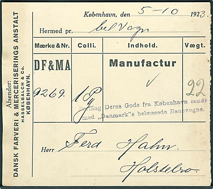 Fragtbrev fra København d. 5.10.1923 for gods til Holstebro.