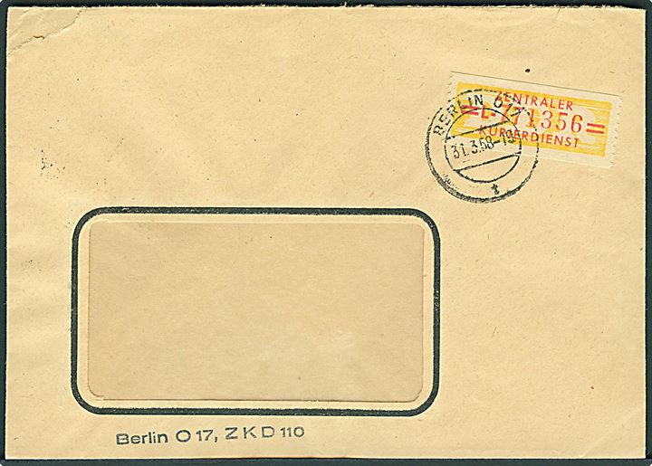 Zentraler Kurierdienst mærke på rudekuvert fra Berlin d. 31.3.1958. Ank.stemplet Bitterfeld.