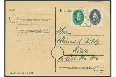 1 pfg. og 5 pfg. Videnskabernes Akademi 250 år på lokalt brevkort i Riesa d. 4.1.1951.