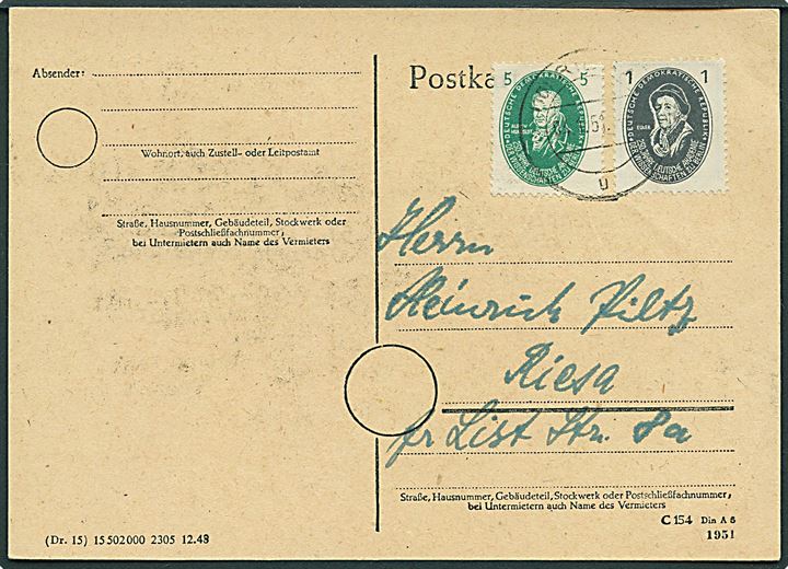 1 pfg. og 5 pfg. Videnskabernes Akademi 250 år på lokalt brevkort i Riesa d. 4.1.1951.