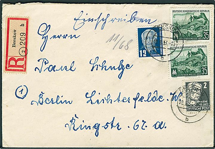 2 pfg. Kollwitz, 12 pfg. Pieck og 35 pfg. Leipziger Messe (2) på anbefalet brev fra Beeskow d. 10.9.1953 til Berlin.