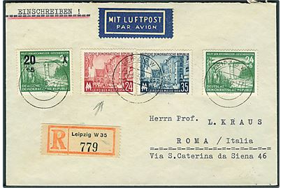 24+6 pfg. og 20+5/24+6 pfg. Hochwasser, samt komplet sæt Leipziger Messe 1954 udg. på anbefalet luftpostbrev fra Leipzig d. 11.6.1956 til Rom, Italien.