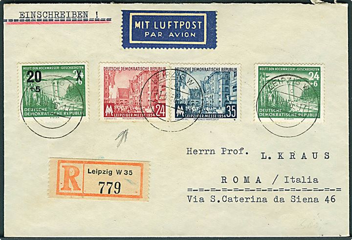 24+6 pfg. og 20+5/24+6 pfg. Hochwasser, samt komplet sæt Leipziger Messe 1954 udg. på anbefalet luftpostbrev fra Leipzig d. 11.6.1956 til Rom, Italien.